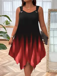 Plus Size Women's Gradient Strap Vneck Sleeveless A-Line Dress, Metal Ring Shoulder Straps, Asymmetrical Hem, Loose Elegant, Summer Casual Vacation Style, Womenswear