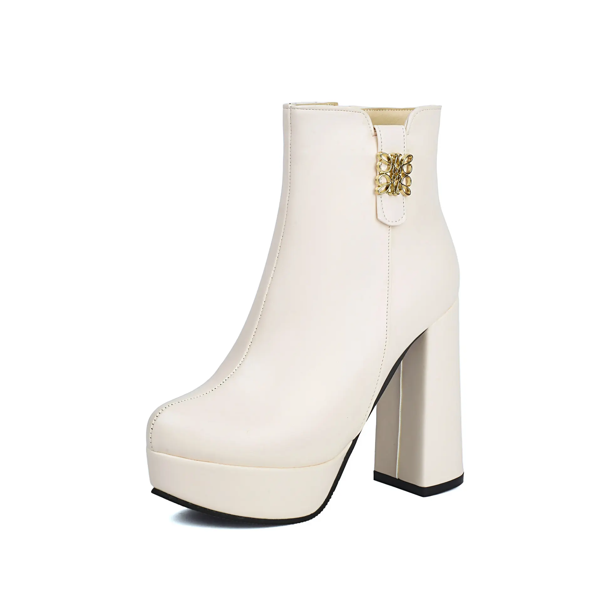 Comfy Chunky Heel Women's Ankle Boots, Solid Color Trendy Side Zipper Platform Winter Slim Boots Girl Walking Shoes