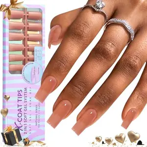 BTArtbox Soft Gel Nail Tips Square - Press On Nails Long Natural XCOATTIPS Pre-applied Tip Primer, One-Step Square Gel Nail Tips Fake Nails for DIY Nail Art
