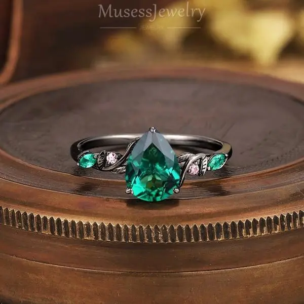 Pear Emerald Engagement Ring, Gothic Leaf-Inspired Design