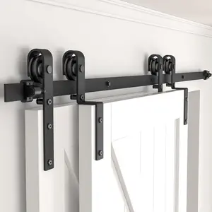 6FT Bypass Sliding Barn Door Hardware Kit, Combination Track Mode Single Track Bypass for Double Wooden Doors, Fits 70" (6 Feet) Door Opening