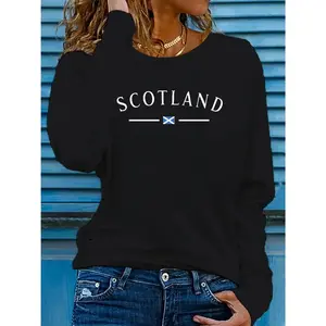 Women's Scotland Flag Print Long Sleeve T-Shirt - Casual Round Neck Vacation Top with Bold SCOTLAND Lettering & Emblem, Machine Washable Spring/Summer Sportswear, Casual Wear |   Long Sleeve Top |   Bold Print Top