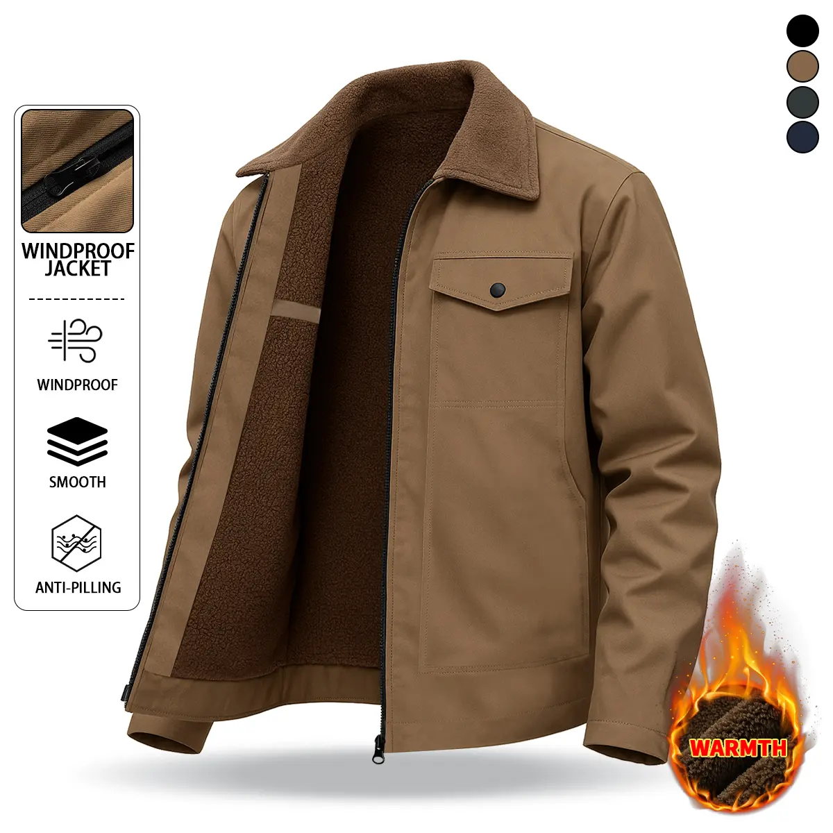 Men's fleece-lined warm jacket with outdoor camping style design, featuring a fleece lining for added warmth, fold-down collar, multiple pocket designs, suitable for outdoor group activities, practical and versatile Coats