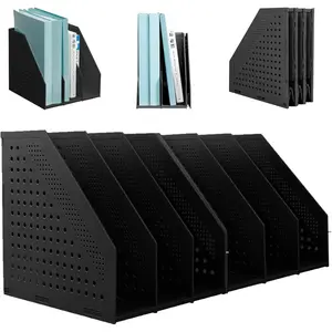 2Pcs Collapsible Plastic Magazine File Holder Vertical Binder Storage Organizer For Desk Sturdy Upright Desktop Magazine Organizer Folder Rack For Office School Home (3 Compartments, Black)