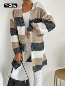 Women's Colorblock Striped Knit Cardigan, Buttonless Design, Casual Elegance, Lazy Comfort, Perfect for Spring & Fall Commuting