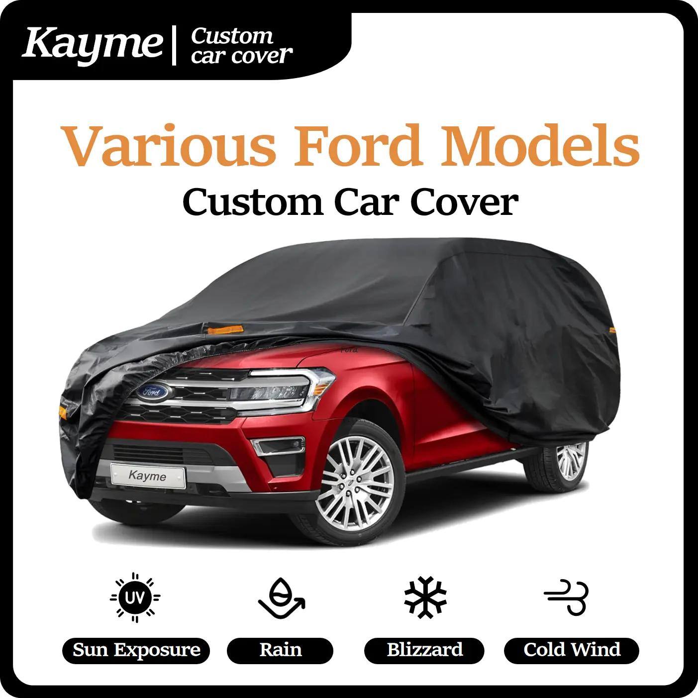 Kayme Thickened Custom Fit 7-Layer Car Cover for Ford Escape Explorer Edge Fusion Bronco EcoSport Taurus (163-215" Fit), Waterproof, Windproof Straps, UV Shield, Ultimate Protection, Reflective Strips, Storage Bag, Father's Day Gift, Uv Protection