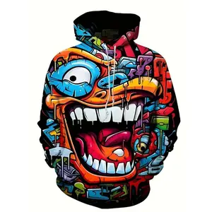Large size men's fashionable hooded sweatshirt, long sleeved casual sports style fancy abstract hip-hop printed hooded sweatshirt knitted top