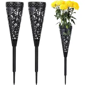 2 Sets Memorial Flower Holder for Cemetery Grave Yard Decorations Black Plastic Conical Vases with Spikes for Gravestone Garden Ground Outdoor Marker Decorations