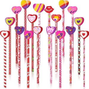 24 Pieces Valentines Pencils Cupid Arrow Rose Wood Pencils with Giant LOVE HEART Eraser Assortment Stationery Pencil for Valentines，Valentine Office School Supplies Students Presents