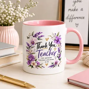 Custom Teacher Appreciation Mug - 11oz Premium Glossy Stoneware Ceramic Drink Cup, Washable Thank You Gift with Elegant Floral Design, Smart Solar LED Motion Sensor Lights for 2026 Graduation Season Decorations