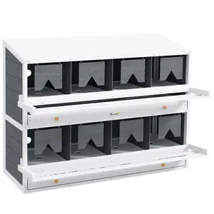 PawHut Nesting Boxes for Chickens, 8 Compartments Wood Roll Out Laying Nest Box for Chicken Coop with 2 Egg Collection Trays, 4 Perches, for 16 - 32 Hens, Gray