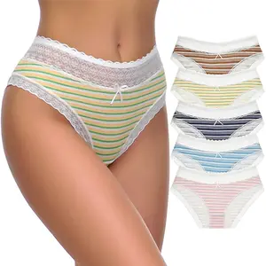 Women's 5-Pack Mid-Waist Cotton Briefs, Cute Striped Lace-Trimmed Comfort Everyday Panties