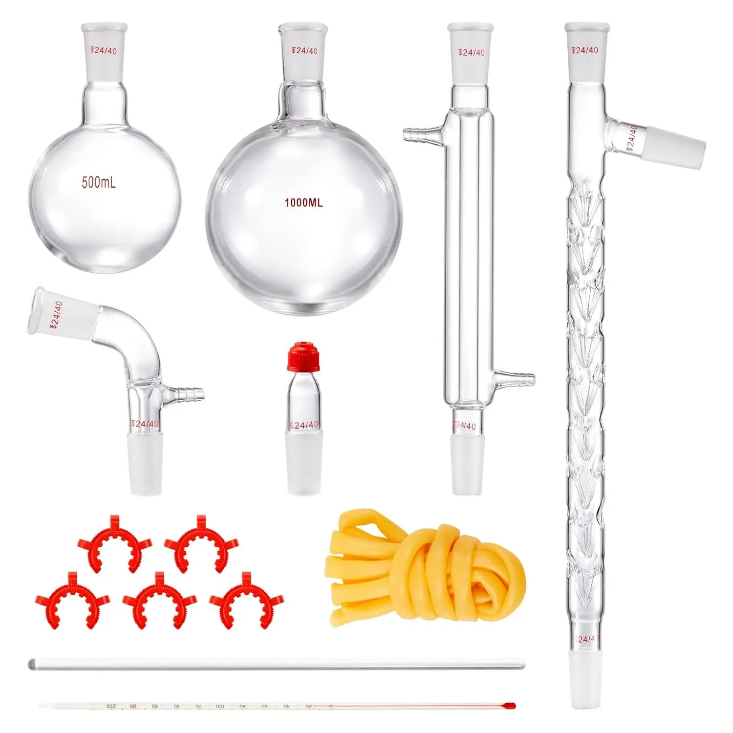 VEVOR Laboratory Distillation Set, 3.3 Borosilicate Glass Equipment with 24/40 Joint, 1000ml Capacity for Essential Oil Extraction, 14-Piece Glassware Kit