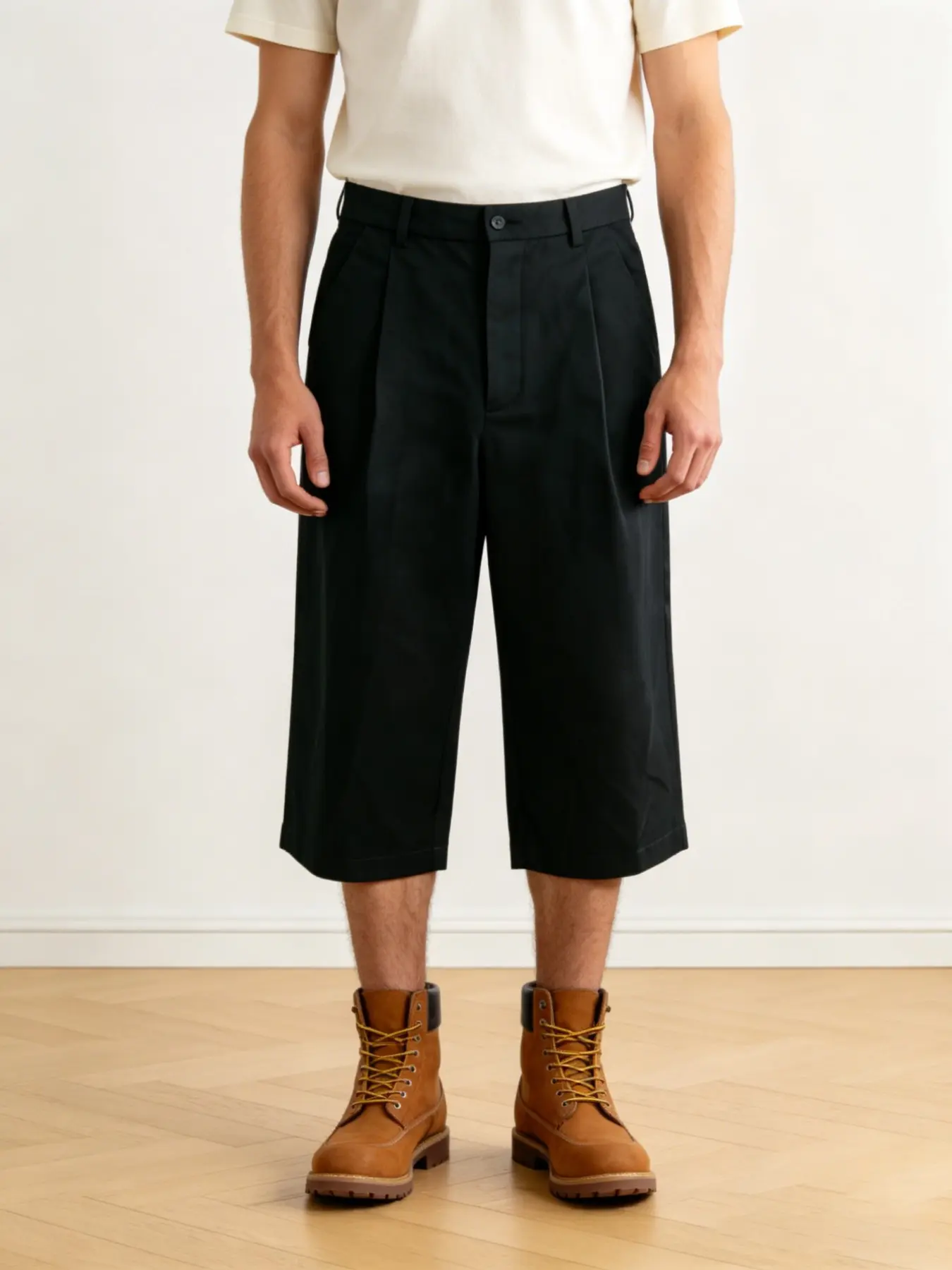 Men's Simple Pleated Capri Pants, High-Waisted Wide-Leg, Comfortable for Commuting, Work, Daily Wear, Casual Style, All Seasons