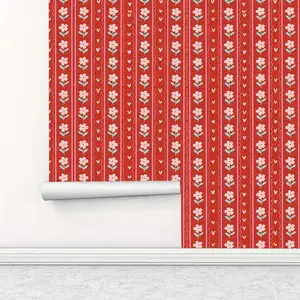 Cute Heart Red Floral Stripe Pattern Wallpaper, Waterproof Removable Wallpaper, Self-adhesive Wallpaper for Living Room Kitchen Bedroom Dormitory