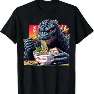 Funny Kaiju Eating Ramen Japanese Monster Lover Birthday T-Shirt Novelty Graphic T Shirt funny tshirt Undershirts Tees Casual Streetwear Classic Plain Men's Women  Moisture Wicking Short Sleeve Crew Neck, Valentine's Day Gift.