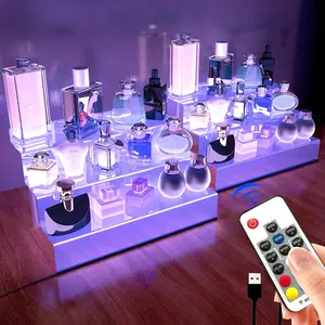 12 IN Clear Acrylic Shelf with LED light,3 Tier Display Step Shelves Holder, Perfume Cologne Organizer Holder,Pops Toys Figures, Clear Cupcake Riser, Dessert Shelf, Decoration on Tabletop(2 Pack)