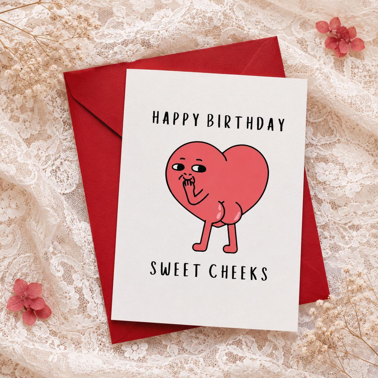 Sweet Cheeks Funny Birthday Card, Cute Heart Greeting Card For Him Her, Funny Love Anniversary Card, Romantic Humor Card, Cute Couple Gift, Valentine Card, Birthday Gift For Partner, Silly Cute Card -DPCLICK