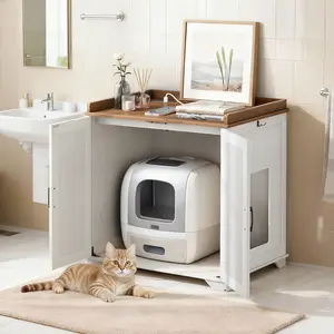 HOOBRO Large Hidden Litter Box Furniture, Litter Box Enclosure with Charging Station and Hooks, Automatic Litter Box Cabinet with Storage Top, Engineered Wood, for Living Room, Cloud White and Walnut