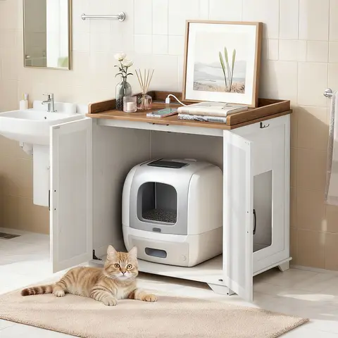 HOOBRO Large Automatic Cat Litter Box Enclosure (31.5"l x 26.8"w x 34.5"h) - Engineered Wood/MDF/Particleboard Cabinet with Hidden Design, 59.1ft Power Cord, Hooks, Storage Top, Ample Space, Easy Installation, Sturdy Construction for Living Room Use, Conv