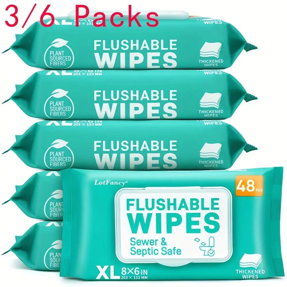 [Flushable Wet Wipes] Lotfancy Extra Large Flushable Wet Wipes, Thickened Butt Wipes, 3/6 Packs X 48 Ct, 144/288 Wipes, Septic & Sewer Safe, Quick-Dispersing, No Alcohol, Plant-Based Fibers - Flushable Toilet, Personal & Household Cleaning Wipes