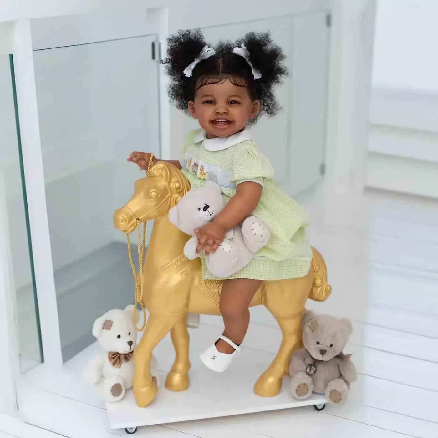 24in Sweet Smiling Rooted Curly Hair Lifelike Reborn Baby Girl Doll, Dark Brown Skin Realistic Newborn Toddler Collectible Art Doll, Reborn Baby Doll, Realistic Newborn Dolls