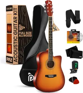 Pyle Steel String Acoustic Guitar Kit, 4/4 Full Size Cutaway All-Wood Guitarra Acustica with Premium Accessory Set and Upgraded Gig Bag, 41" Cherry Burst Glossy
