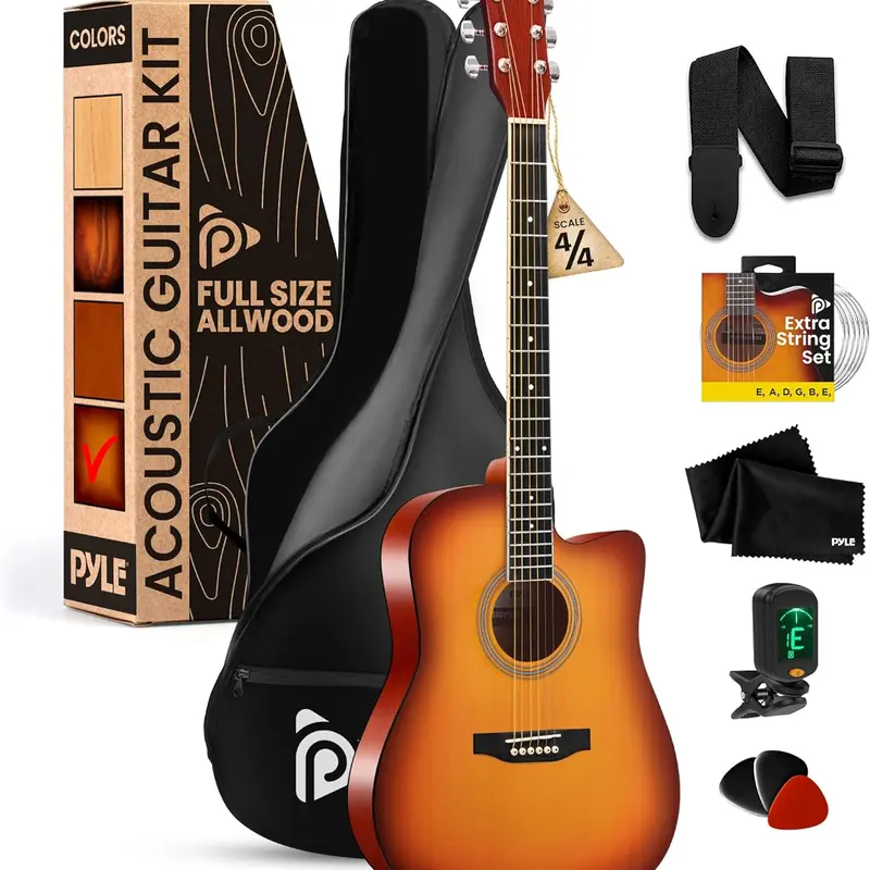 Pyle 4/4 Full Size 41" Steel String Acoustic Guitar Kit (41" l x15.7" w x4.7" h) - All-Wood Cutaway, Gig Bag, Digital Tuner, Capo, Guitar Picks, Cleaning Cloth, Shoulder Strap, Cherry Burst Glossy for Beginner and Children, Band Rehearsals Practice
