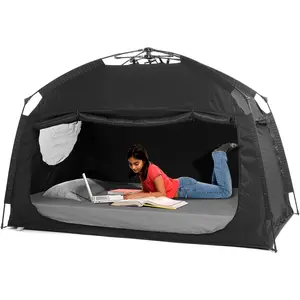 Yancheng Breda Indoor Instant Privacy Bed Tent for Sleeping Quick Set-Up Portable Canopy with 3 Doors Full Size Black Polyester Privacy Bed Drapes for Shared Bedrooms and Dorm Rooms