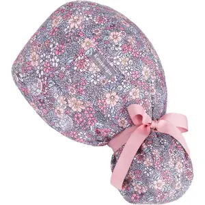 Satin Lined Scrub Cap for Women with Ponytail Hole & Buttons, Adjustable Surgical Nurse Hat with Cotton Sweatband for Long Hair