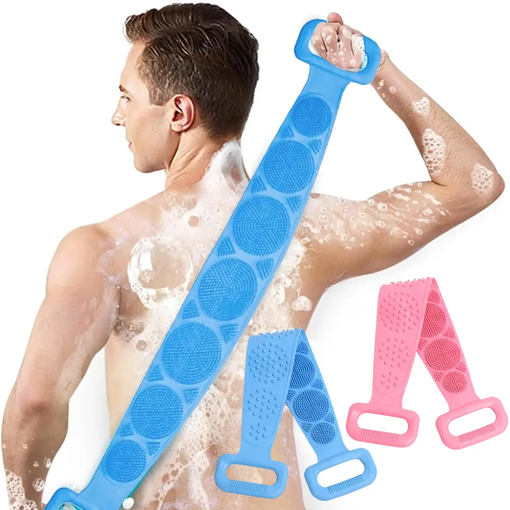 Double-Sided Food-Grade Silicone Back Exfoliator Towel with Handles - Hand-Powered Body Wash Scrubber, Bath Scrubber for Body, Skin-Softening Bathroom Towel for Adults, Stress Relief for Child & Elderly