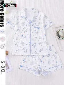 Women's Ocean Beach Printed Sleepwear Set, Short Sleeve Lapel Cardigan Top & Loose Elastic Shorts, Casual All-Season Home Wear, Pajama Set, Loungewear, Pjs