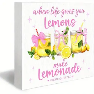 Summer Lemon Wood Box Sign - Pink Coquette Bow Desk Shelf Decor, Lemon Kitchen decor, When Life Gives You Lemons Make Lemonade Summer Wooden Block Plaque Box Sign for Home Kitchen Decorations 5x5 inch
