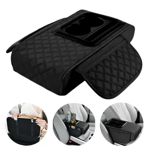 4 in 1 Universal Car Armrest Pad Center Console Box Cover Protector, 13.8*6.7*2.75 inch PU Leather Hand Rest Cushion with Cup Holder & 2 Pocket, Multifunctional Car Middle Center Console Armrest Cover Pad Mat Protector Top