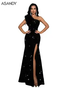 ASANDY Black Sequin One Shoulder Mermaid Gown High Slit Fitted Evening Dress for Wedding Guest Gala Formal Event Elegant Sparkle Womenswear Elegance Workwear