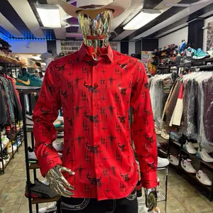 LAMASINI Red Bull Print Button-Up Shirt for Men - Stylish Long Sleeve Casual Wear Menswear