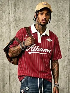 Men’s Vintage Soccer Jersey Polo Shirt, Red Vertical Striped Oversized Streetwear Top with Script Letter Print, Breathable Short Sleeve Button Down Collar, 90s Hip Hop Style Casual Summer Outfit for Urban Streetwear & Game Day