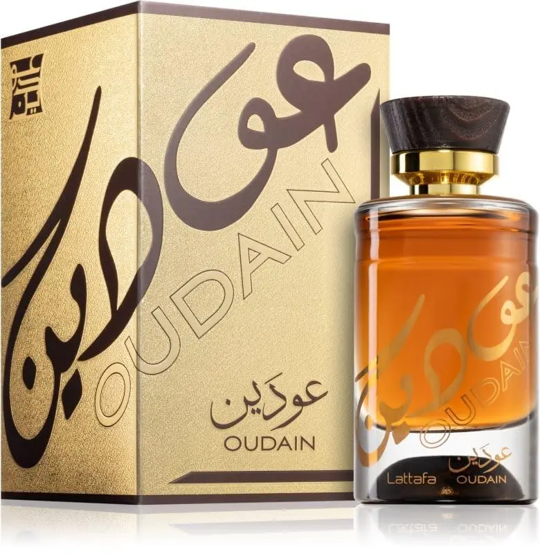 Lattafa Oudain Eau de Parfum for Men – 100ml (3.4oz) | Bold & Smoky Arabic Fragrance | Long-Lasting Masculine Scent | Perfumes Arabia Aromatic Amberwood