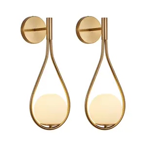 19 Inch Set of 2 Modern Gold Wall Sconces Mid-Century Luxury Iron Lamp with Opal White Frosted Glass Globe Shade Hardwired Anti-Glare Dimmable Wall Mount Lighting for Bedroom Living Room Hallway