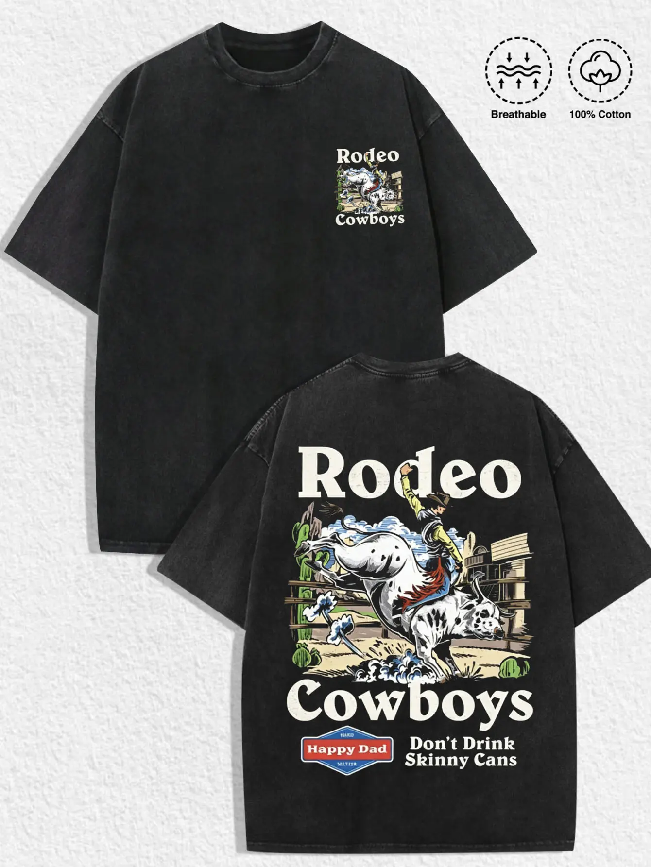 1 piece loose distressed washed graphic T-shirt featuring vintage color prints combining Western cowboy rodeo and country desert styles; unisex, suitable for all seasons; ideal for beach vacations, outdoor cycling and camping, casual sports, American high
