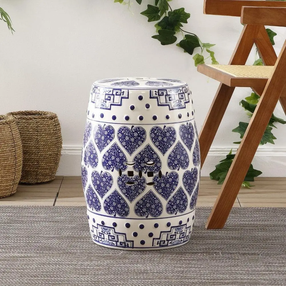 JONATHAN Y Happy Hearts 17.8" Chinoiserie Ceramic Drum Garden Stool, Blue/White