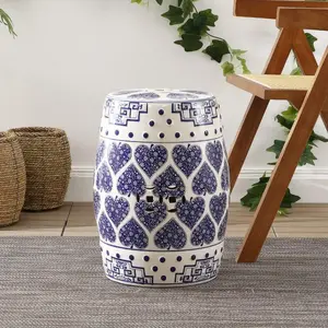 JONATHAN Y Happy Hearts 17.8" Chinoiserie Ceramic Drum Garden Stool, Blue/White
