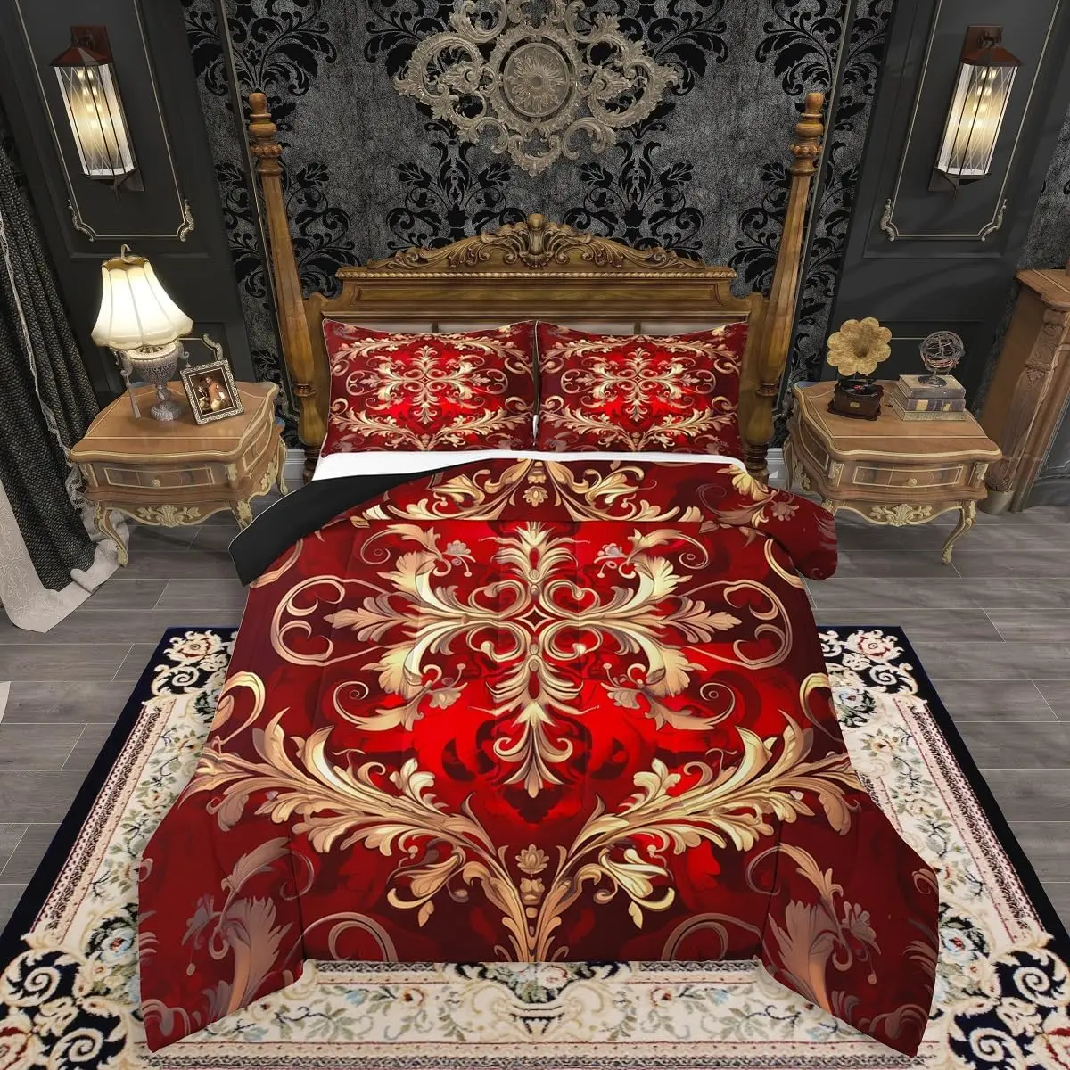 Feelyou Red Damask Comforter Set - Bohemian Vintage Florals Paisley Boho Bed Set, Hippie Exotic Aztec Waterproof Quilt, Elegant Decorative Bedding for Bedroom, Decorative Bedding Set