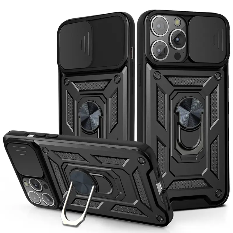 For iPhone 16 15 14 13 12 11 Pro Max Mini XS XR X Plus Military Grade Bumpers Ring Cover Slide Camera Lens Protector Armor Case