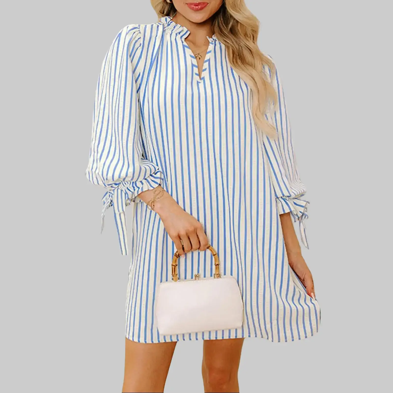 Dear-Lover Women's Sky Blue Striped Knotted Bracelet Sleeve Notched Neck Pull-On Shift Mini Dress - Notched Casual Dresses, Pull On, Casual Fit, Modern Aesthetic, Comfortable, Chic Everyday Wear, Casual Wear, Womens Dresses