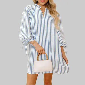 Dear-Lover Women's Sky Blue Striped Knotted Bracelet Sleeve Notched Neck Pull-On Shift Mini Dress - Notched Casual Dresses, Pull On, Casual Fit, Modern Aesthetic, Comfortable, Chic Everyday Wear