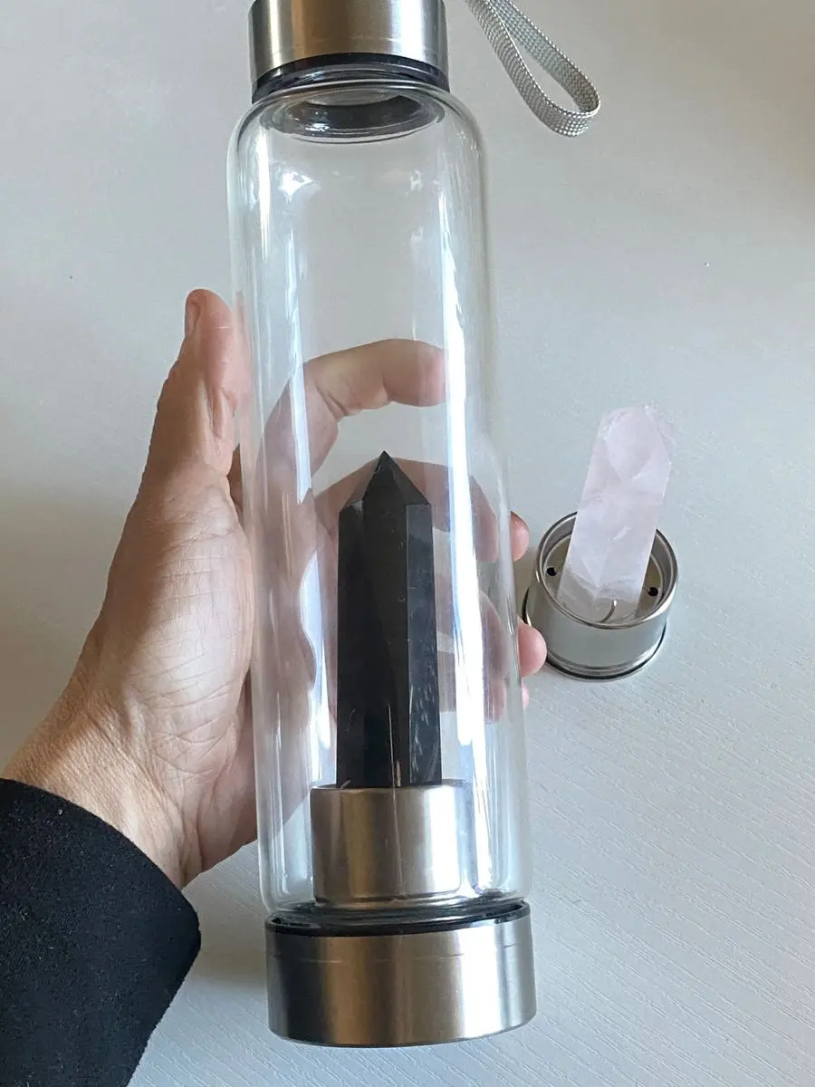 Healing Crystal water bottle w/ 2 large interchangeable healing crystal