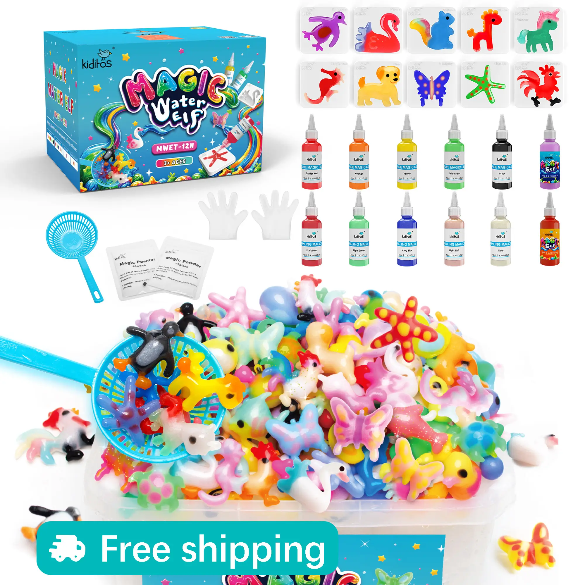 Kiditos Magic Water Elf Toy Kit with 12 Magic Gels, 10 Molds - Imaginative Play, Christmas Gifts, Birthday Gifts, Party Favors, and Family-Friendly DI