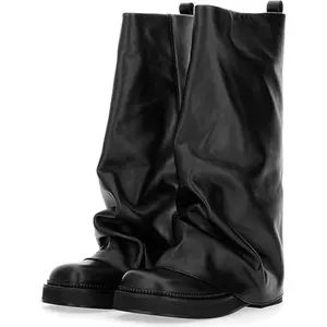 FIFSY Women Slouchy Knee High Boots Casual Round Toe Pull On Riding Biker Boots Fold Over Chunky Low Heel Platform Boot