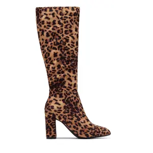 Fine Time Block Heel Knee High Boots - Leopard